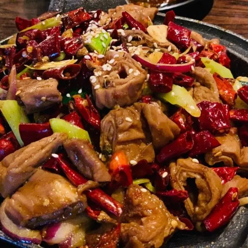 Spicy stir-fried pork intestine with chili and veggies at Su's Bowl 苏大碗，a Chinese Restaurant in Isla Vista